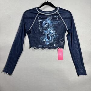 Shein Icon Top Womens Size Med Blue Dragon Print Sheer Long Sleeve Crop Y2K